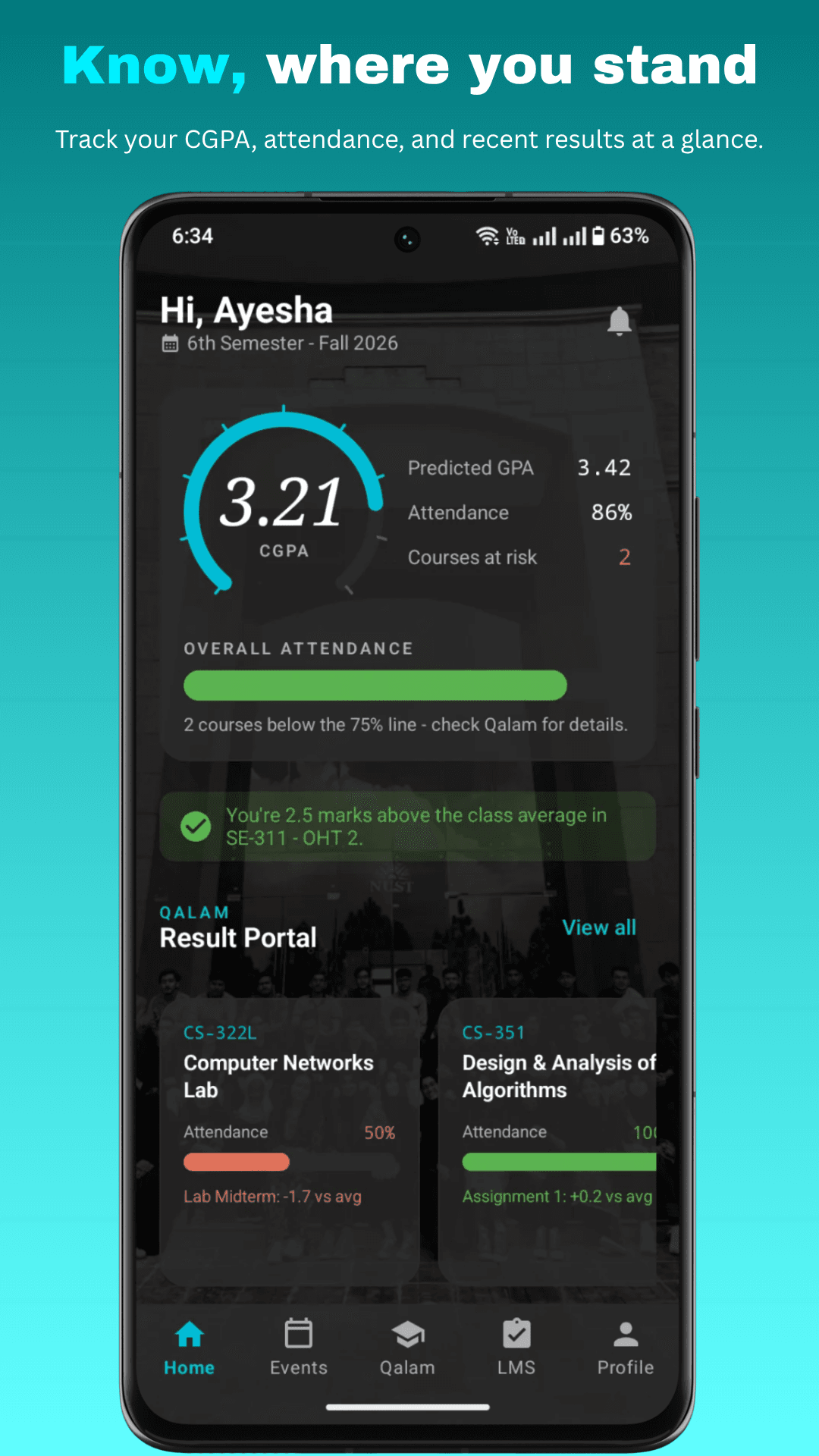 NUST One app home screen